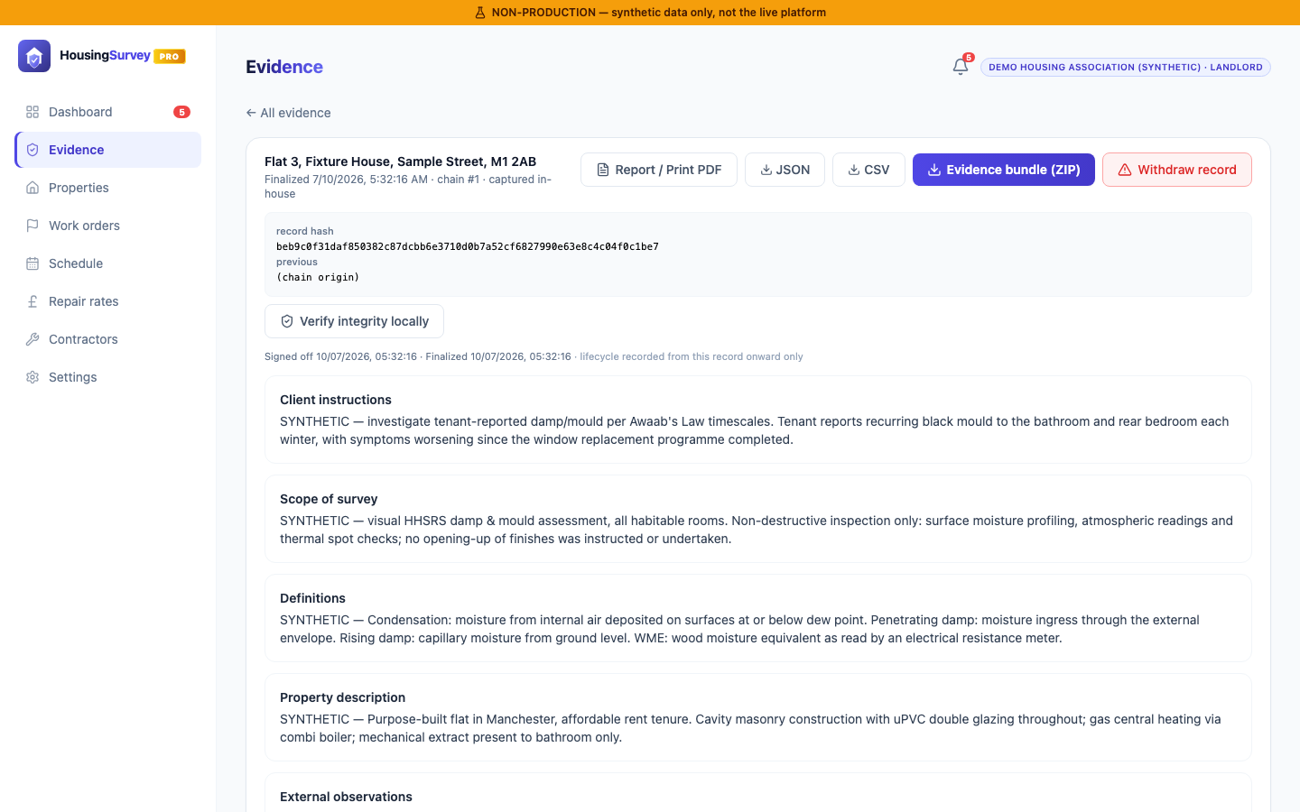 HousingSurvey Pro&trade; finalized evidence record